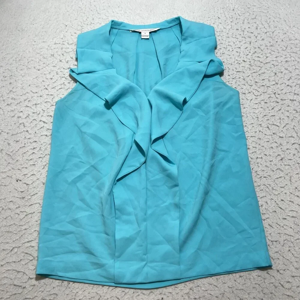 Diane Von Furstenberg Women's 4 Lightweight Ruffled Blouse Blue Sleeveless Top - Picture 1 of 12